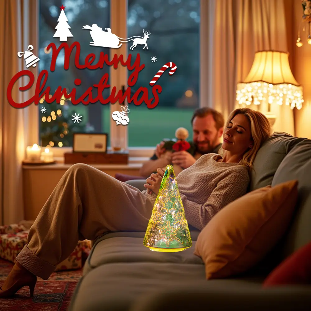 1 Pack 8" Lighted Glass Christmas Tree, Iridescent Snowflake Tabletop Xmas Decor, Battery Operated Mini Holiday Tree with 6-Hour Timer for Mantel, Shelf & Home