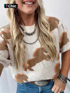 Summer Casual Western Pattern Print Loose-Fit Sweater T-Shirt, Comfortable Daily Wear, Stylish and Relaxed Design, Perfect for Warm Weather
