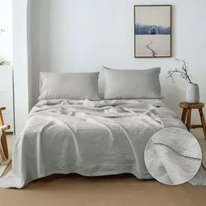 Simple&Opulence 100% French Linen Sheet Set Handmade Hemstitch-Natural Flax Farmhouse Bed Sheets( Flat Sheet, Fitted Sheet, Pillowcase)-Solid Color Soft Breathable Bedding