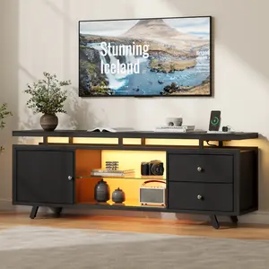 TV Stand for 65 Inch TV LED Light Entertainment Center with Power Outlet Storage Drawers Cabinets Modern Wood Media TV Console with Glass Shelves Brown & Black
