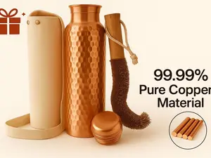 100% Pure Copper 32 Oz Large Hammered Insulated Water Bottle with Pocket Canvas Bag & Cleaning Brush - Hydrating, Leak-Proof, BPA Free, Classic Design - Drinkware, Aesthetic