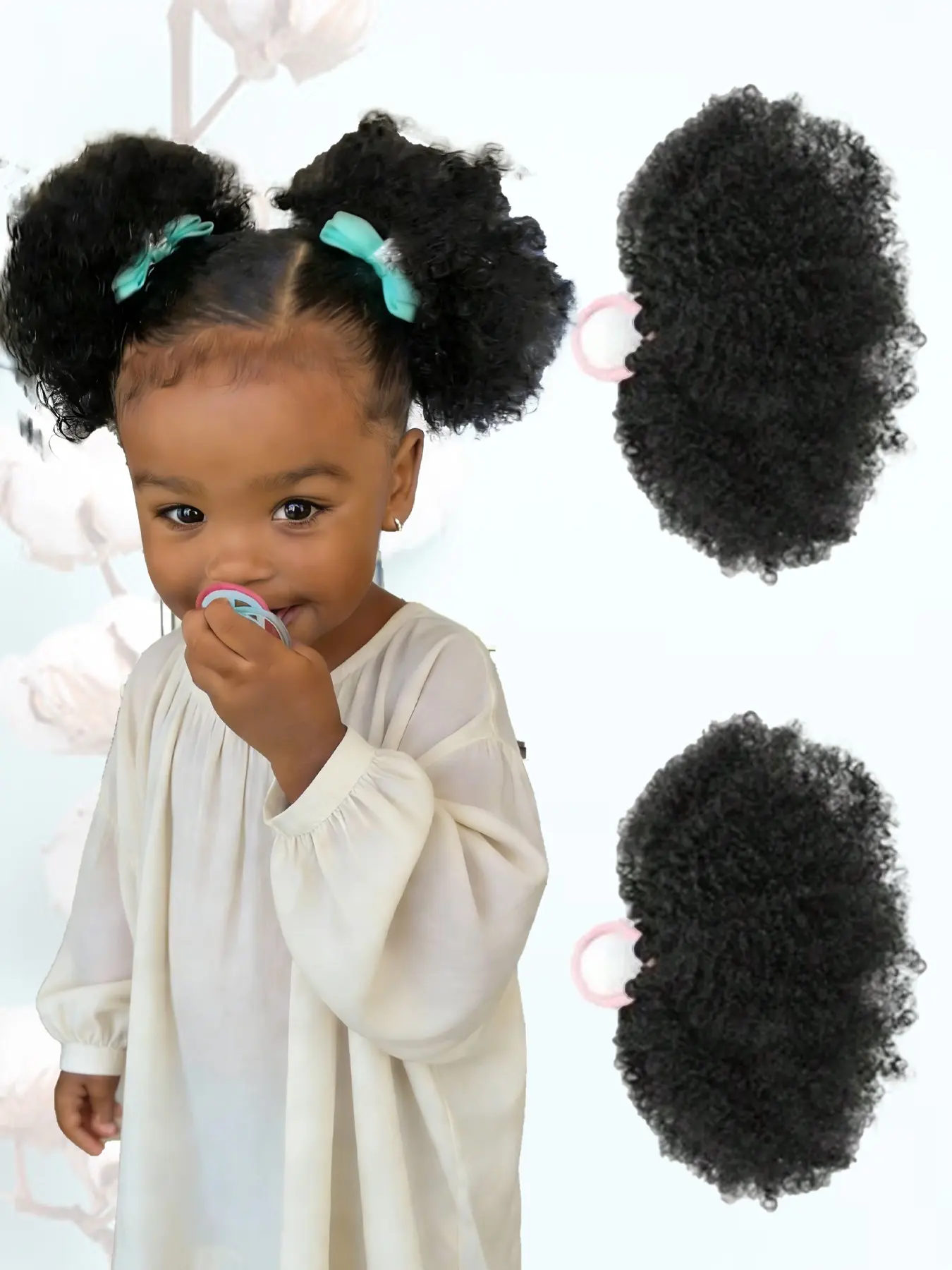 KAIRIYA 2-Pack Kid's Double Afro Puffs Hair Buns - Natural Black Kinky Curly Synthetic Extension Hair Pieces, Hair Style Accessory, Hair Accessories, with Soft Elastic Bands, Perfect for Little Girls' Party Dress-Up & Casual Daily Charm
