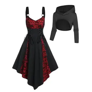 Women’s solid cropped hooded top and skull print asymmetrical hem dress two-piece set, casual fashion cozy women’s outfit for daily outdoor wear, women’s clothing for fall and winter GARMENTARY