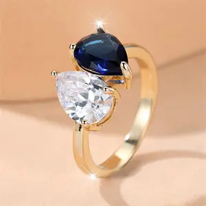 Cute Fashion Golden Metal Coating Waterdrop-Cut White & Blue Stone Ring, Wedding Band, Valentine's Day Costume Jewelry