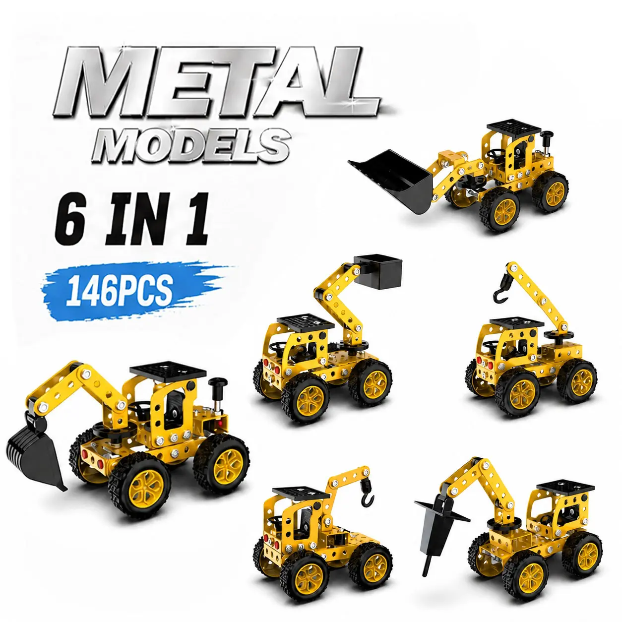 146 Pcs 6-in-1 DIY Metal Construction Toy Set - Bulldozer & Excavator Building Kits for Family Project & Adult Stress Relief - Boosts Focus, Independent Thinking, Curiosity & Confidence - Ideal Gift for Daily Rewards, children fun Birthdays & Holidays