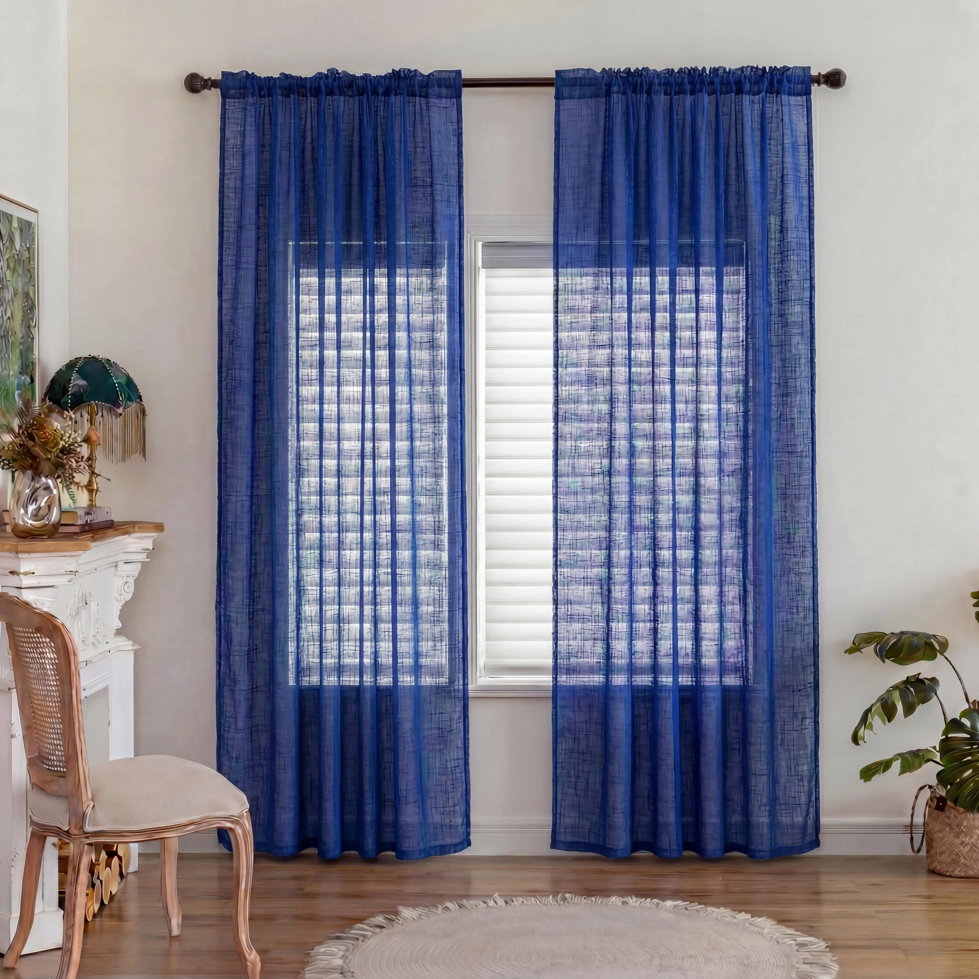 2 Panels 54"X84" Linen Look Grid Chenille Jacquard Sheer Curtains, Rod Pocket Textured Light Filtering Window Drapes for Farmhouse Minimalist Bedroom Living Room L39