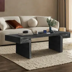 American Vintage Industrial Coffee Table, Premium Reclaimed Wood Texture Rectangular Design, Double-Tier Structure with Rustic Finish, Easy Assembly for Living Room & Office, Antique Black    RR