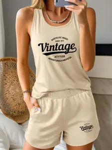 Women's Retro Vintage Summer 2-Piece Casual Shorts Set, Fashionable Solid Color Sleeveless Top and Hot Pants Set, Comfortable Beach Vacation Wear, Ideal Choic Summer Wear and Outdoor Activities