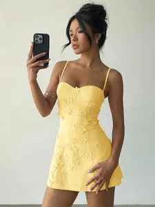 KymLuxe New Arrival Sexy Cute YTK 3D Floral Decor Fitted A Line Slip Dress Light Yellow