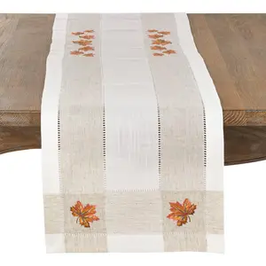 212 MAIN Poly-Linen Mix Kitchen Linen Runner, Oblong Shape, Ivory Autumn Design, with Embroidered Hems
