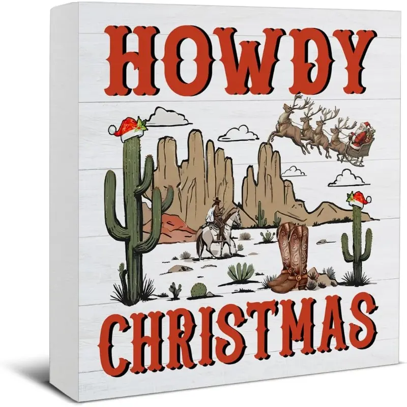 Western Christmas Decorations, Cowboy Decor Sign, Howdy Christmas Wood Sign Rustic Home Table Desk Decor (5 x 5 Inches)