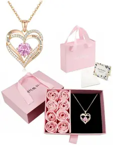 Heart-Shaped Birthstone Stainless Steel Necklace & Rose Gift Box Set, Love Heart Necklace, Creative Birthday Gifts for Mom Daughter Girlfriend Wife Grandma