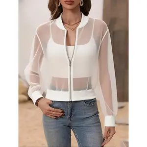 Women's Fashionable and Elegant Short Solid Color Long Sleeve Thin See-through Sunscreen Top Jacket