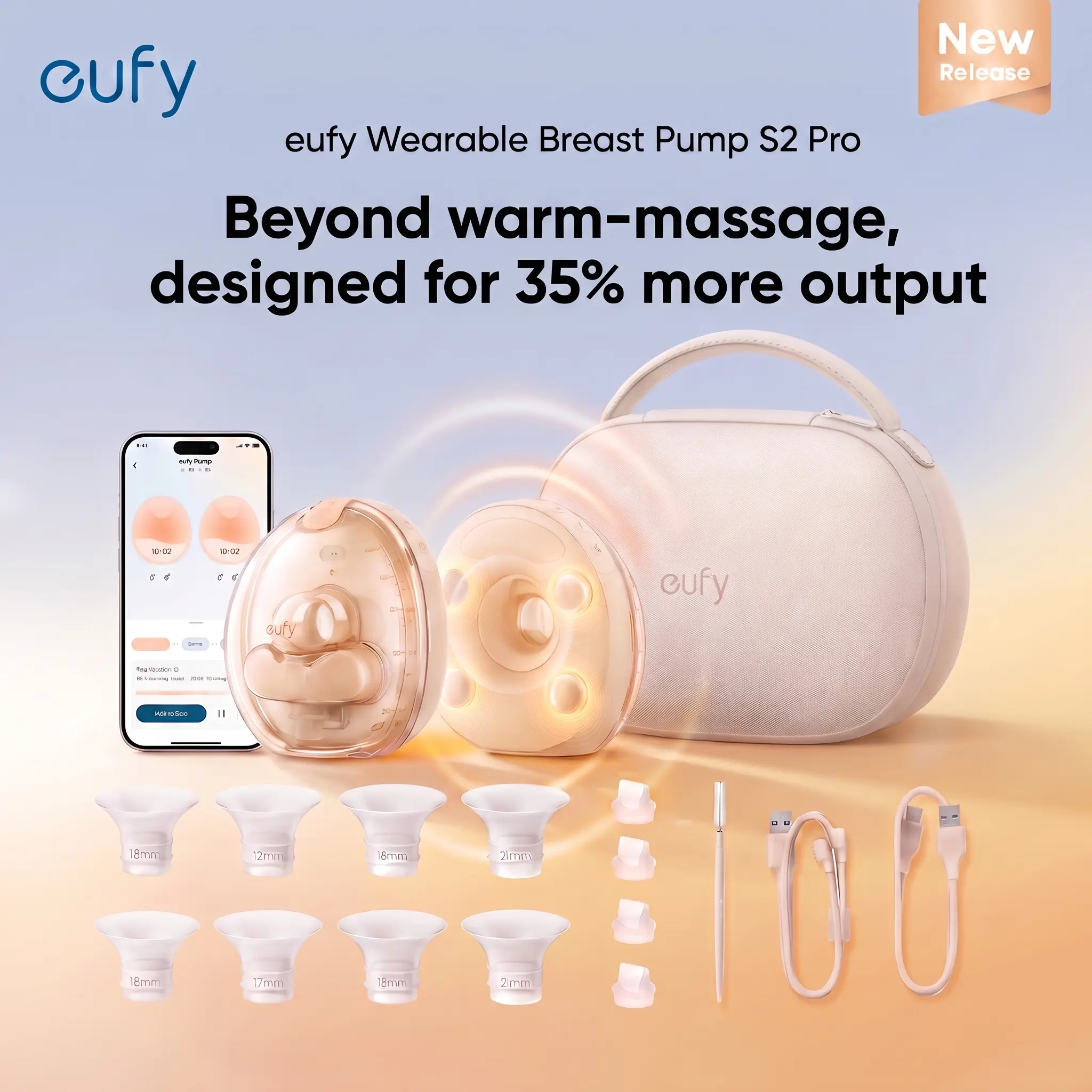[Exclusive] eufy Security Heated Massage Wearable Breast Pump S2 Pro, HeatFlow, Double-Sealed Flange, Nipple Light, DIY Rhythm, Full Milk & Leak Alert, Wireless Charging Case, 7-Day Battery, App Control