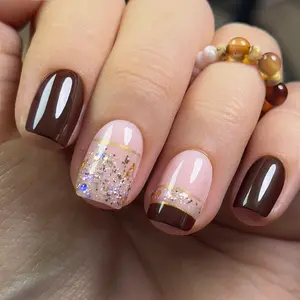 Curvlife short squoval french Fake Nails french nude glossy shiny for fall 2 Week Wear Damage Free
