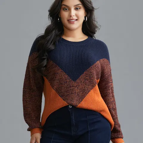 BloomChic SohoChic Women's Colorblock Oversized Textured Knit Top - Casual Wear Knitting Pullover with Drop Shoulders, Long Balloon Sleeves, Loose Fit for Easy Layering, Cozy Coverage, Hand Washable, Low Iron