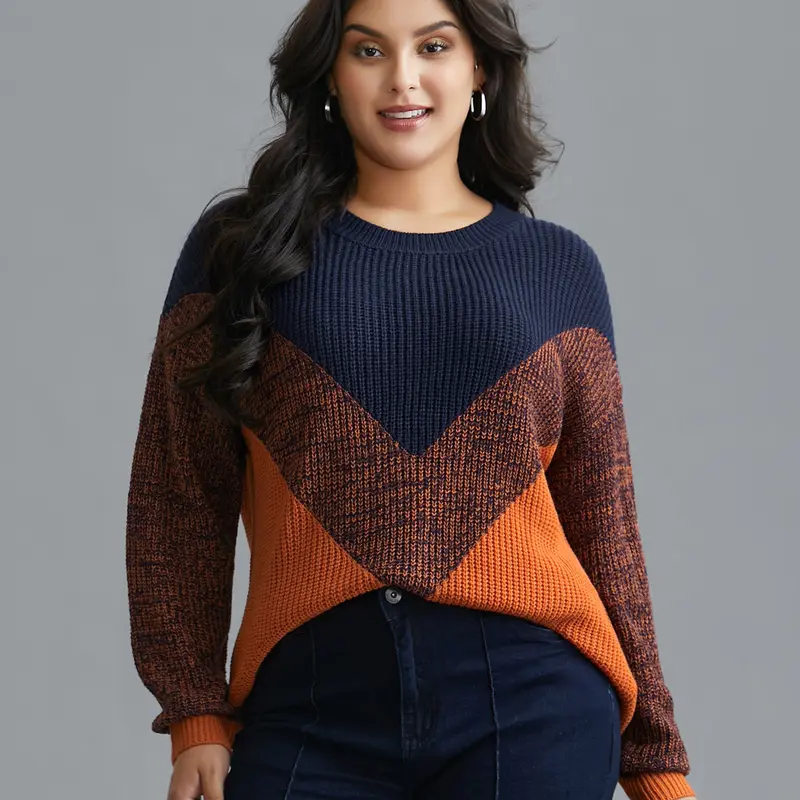BloomChic SohoChic Women's Colorblock Oversized Textured Knit Top - Casual Wear Knitting Pullover with Drop Shoulders, Long Balloon Sleeves, Loose Fit for Easy Layering, Cozy Coverage, Hand Washable, Low Iron