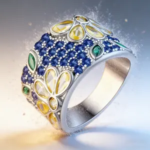 AELNEN Colorful CZ Filigree Wide Band Ring - Sterling Silver Zircon Statement Ring - Intricate Pattern Luxury Jewelry - Gift for Her
