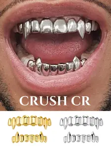 CRUSH CR 18K Gold Plated Vampire Fangs Tooth Grillz for Men Women, High-Shine Polished Finish, Sharp Fang Design, Hypoallergenic Removable, Perfect for Hip Hop Concerts, Music Festivals, Halloween Parties, Cosplay Events Club Nights, Goth Aesthetic