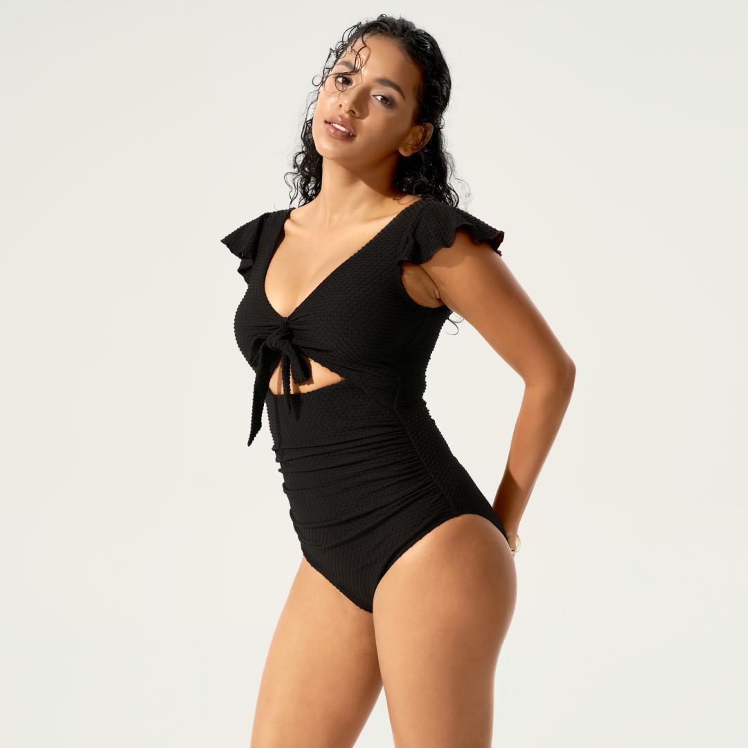 BodyTips Laced Cutout Textured One Piece Swimsuit Lightweight Fit Smooth Fabric Comfortable Swimwear Stylish Design Versatile Beach Pool Outfit Perfect For Vacation Summer Activities Sunbathing Water Sports Casual Swim Look Layered Outfit All Day Wear