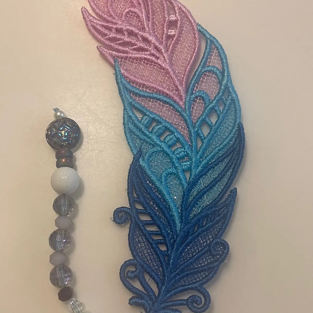 Machine Embroidered 3D Lace Ombré Feather Bookmark