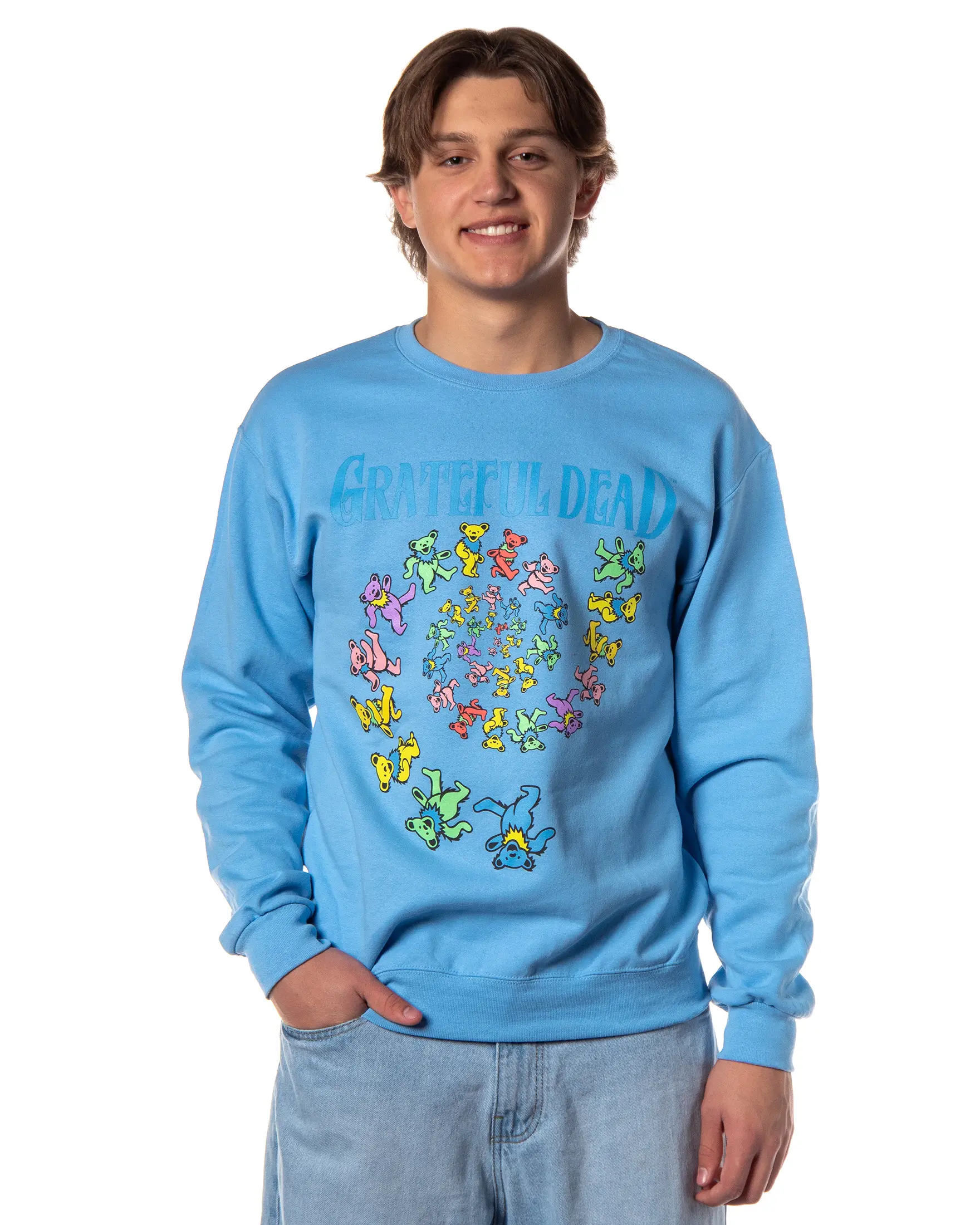 Grateful Dead Men's Crewneck Sweatshirt, Soft Pullover with Dancing Bears Spiral Graphic, Fleece Lined Fabric, Tops, Menswear, Vibe, Casual, Classic, Relaxed Fit, Round Neck