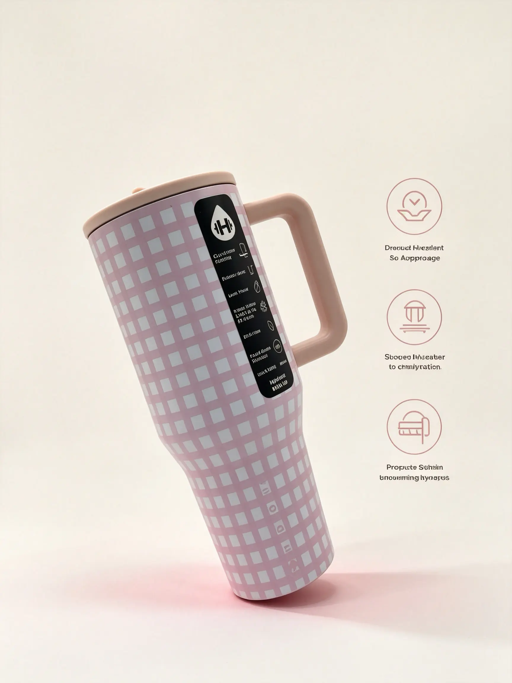 HydroJug 40oz Pink Gingham Plaid Tumbler with Handle and Straw – Insulated Stainless Steel Travel Mug, Leakproof Large Water Bottle with Cute Checkered Pattern, BPA-Free Double Wall Vacuum Cup Keeps Ice Cold 24H, Car Cup Holder Friendly, Perfect for Women