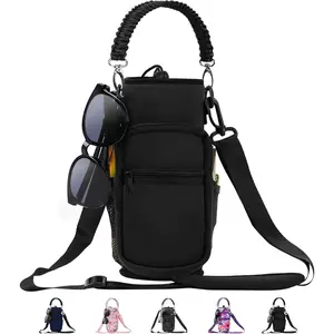 32/40/64/87/128 oz Water Bottle Carrier Bag, Neoprene Water Bottle Sleeve with 4 Pocket,  Water Holder with Paracord Handle and  Strap for Walking Hiking Camping Gym