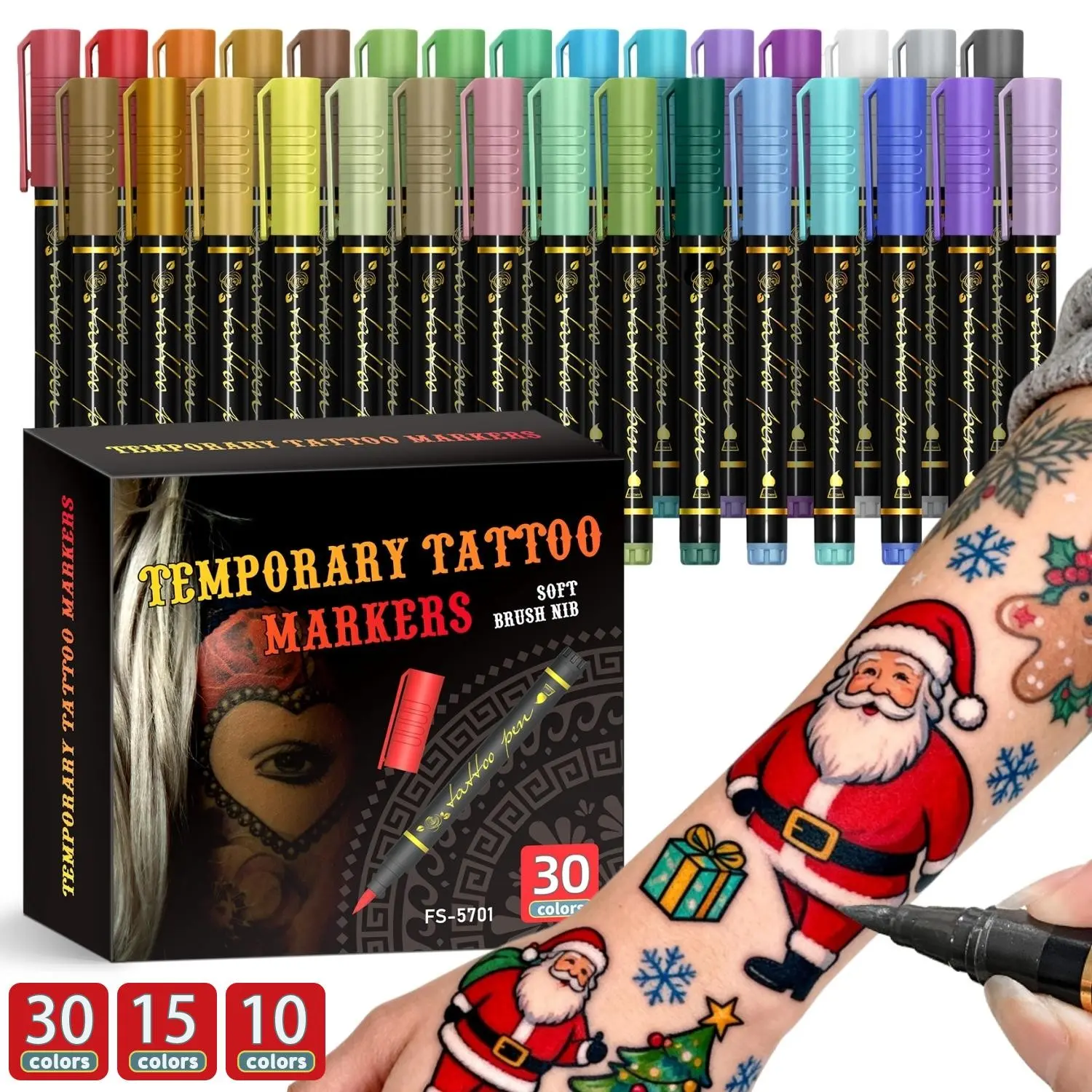Temporary Tattoo Markers, 10/15/30 Pack, Vibrant Colors, High Pigment, Flexible Brush Tips, Face Painting Set, Cosmetics Quality, Holiday Makeup Supplies, Body Art