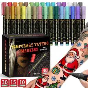 Temporary Tattoo Markers, 10/15/30 Pack, Vibrant Colors, Flexible Brush Tips, Face Painting Set, Cosmetics Quality, Holiday Makeup Supplies, Body Art