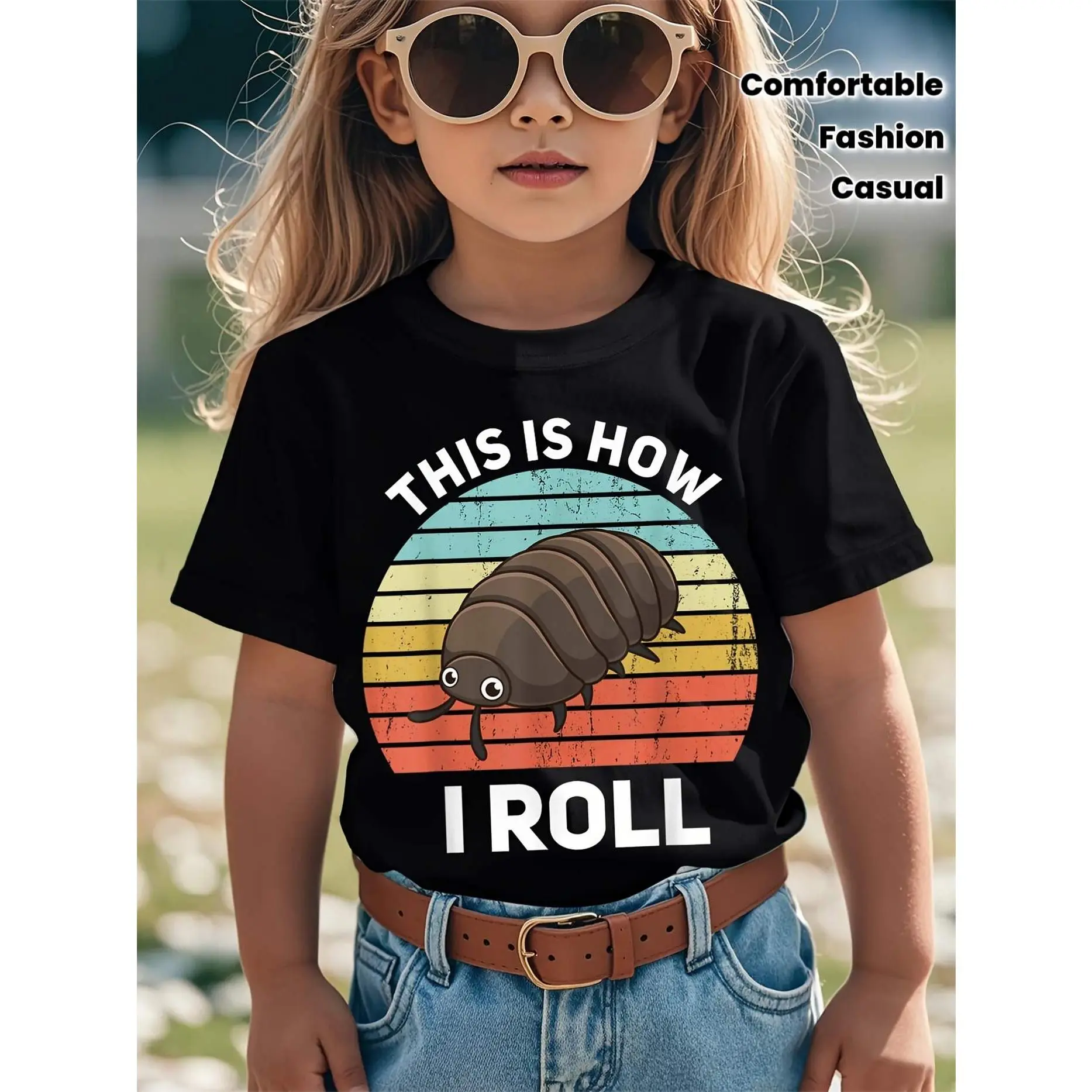 1pc Kids' Funny Roly Poly Bug Cartoon Print Black TShirt, Crew Neck, Casual Cotton Tee, Medium Stretch Knit Fabric, Regular Fit for Boys& Girls Children, Alphabet Pattern, for Spring/Summer/Fall Halloween/Christmas/Thanksgiving/Easter/Valentine' S