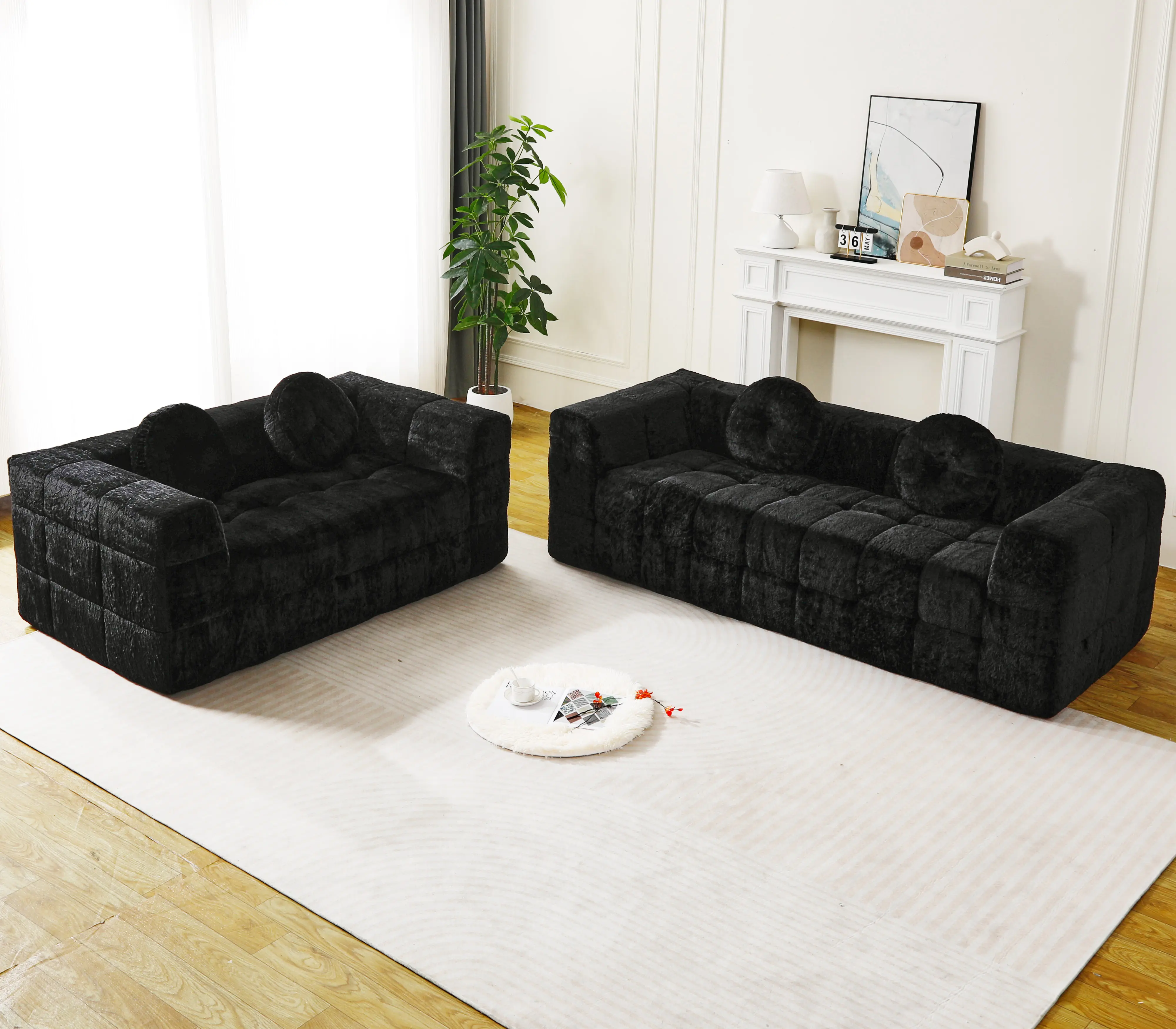 Eyisean Modern Cloud Sectional Sofa 2-Piece Fabric Couch Set (66.5" & 84.6"), 5-Seat Checkered Plush Upholstered Boneless Design with Pillows, No Assembly, High-Density Foam Deep Seat, Modular Freedom Indoor Living Room Furniture