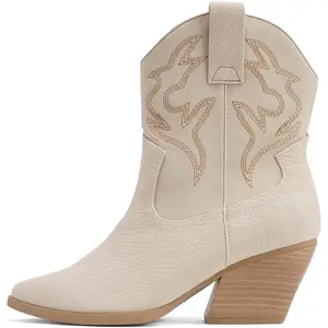 Soda “BLAZING” Women's Western Ankle Boots, Stitched, Pointed Toe, Low Heel - Cobra Nude - Size 7.5