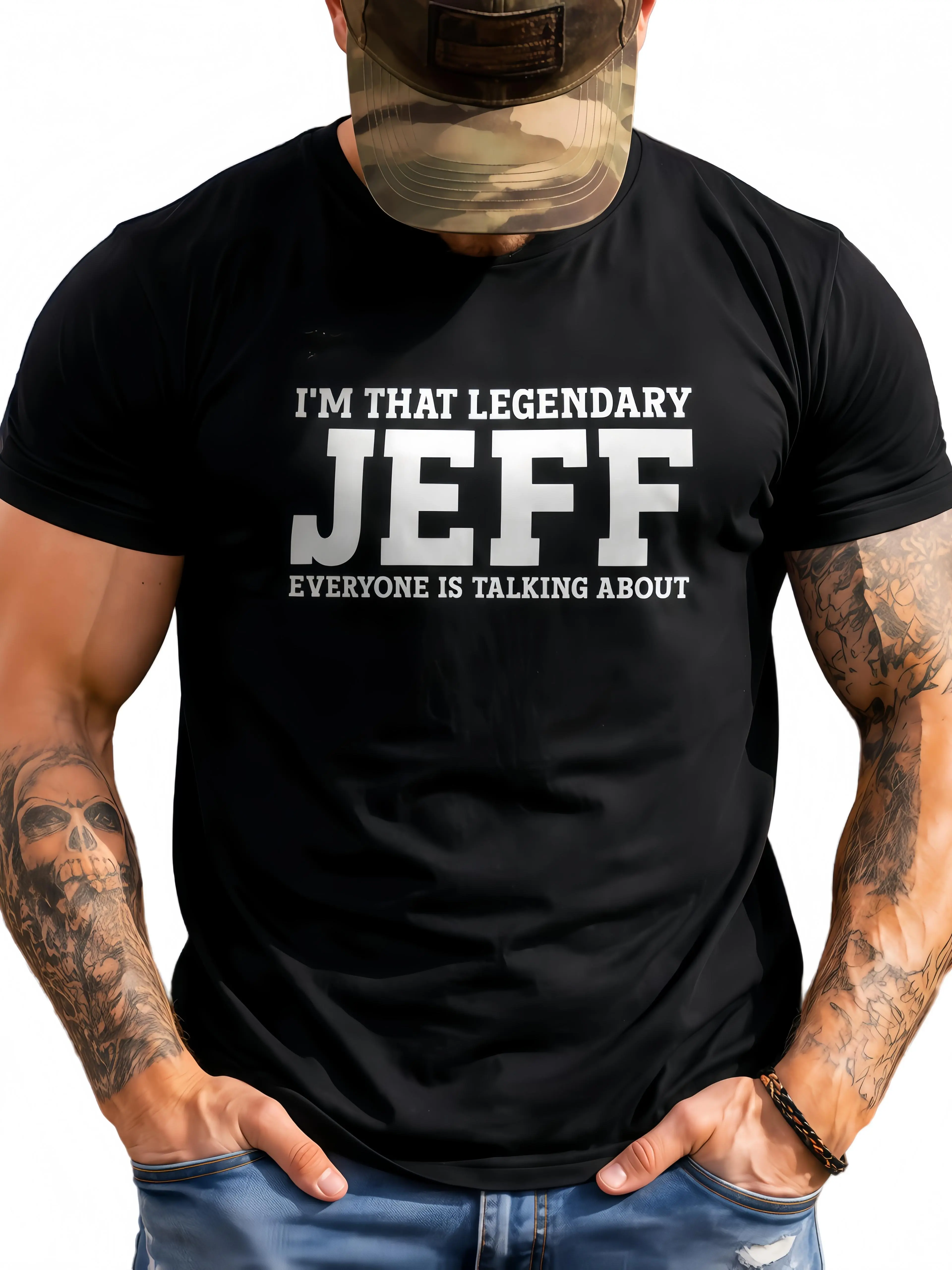 Men’s Short-Sleeve Sports T-Shirt & Drawstring Pants Set - Regular Small Size, Funny "I’m That Legendary Jeff" Graphic, Soft Cotton Crew Neck, Comfy Elastic Waist, Black & White, for Daily Streetwear Gifting