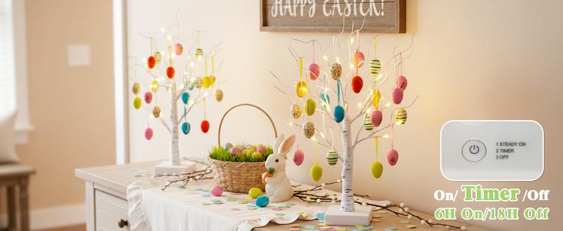 EAMBRITE Easter Decorations Lighted White Birch Tree with 18x2 Eggs Ornaments, 24 LED Lights, Battery Powered Timer, Tabletop Centerpiece for Spring Home Decor, 2 Pack