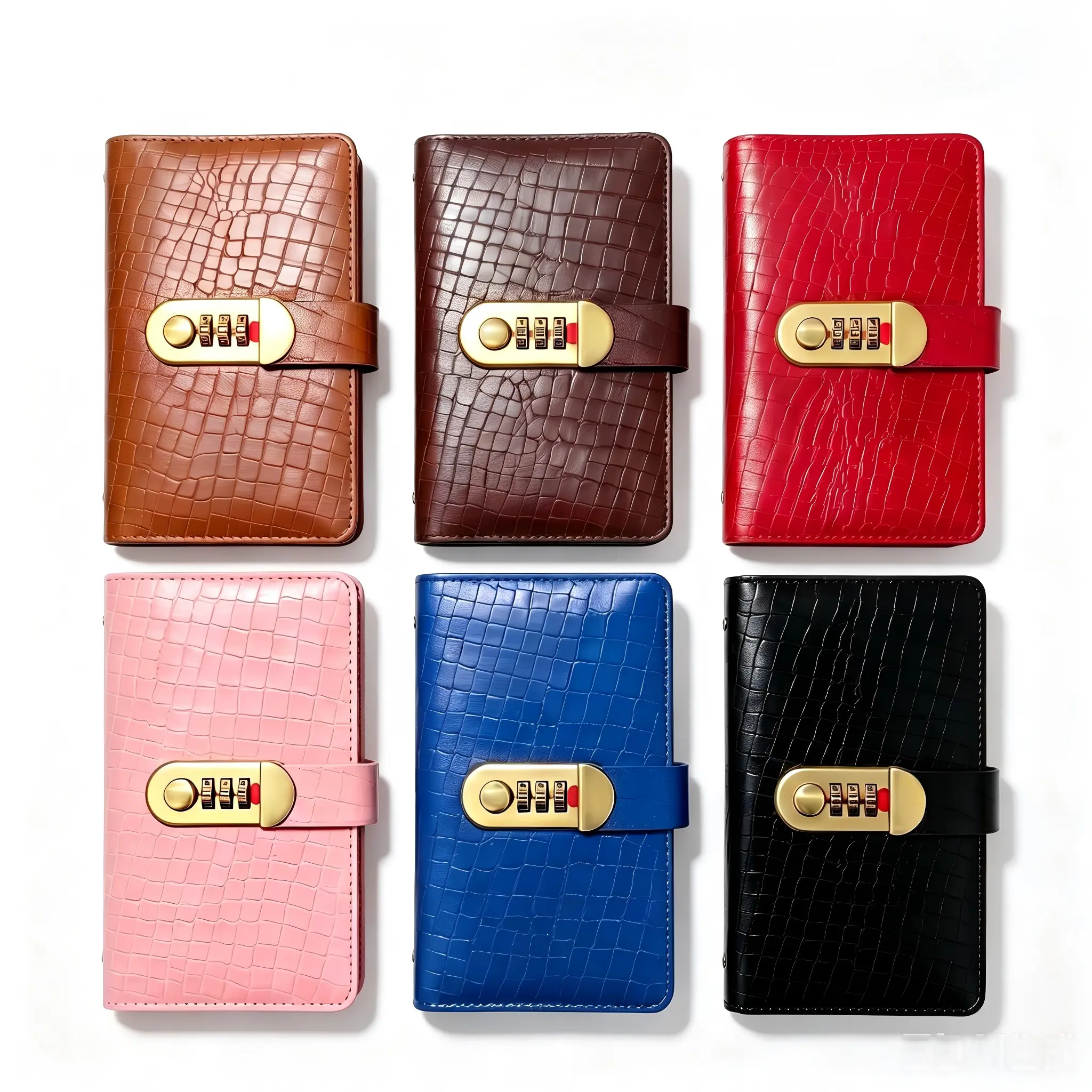 Embossed PU Leather Password Lock Diary Journal, A5 Long Size 3-Digit Resettable Code Lock Secret Writing Notebook with Inner Card Slots, Privacy Protected Locked Planner for Teen Girls Students, 6 Elegant Colors