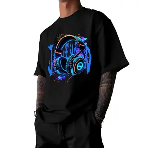 Men’s Headphone Graphic T-Shirt Casual Short Sleeve Crew Neck Tee, Neon Style Audio Design Streetwear Top for Daily Wear, Travel, Outdoor Summer Shirt