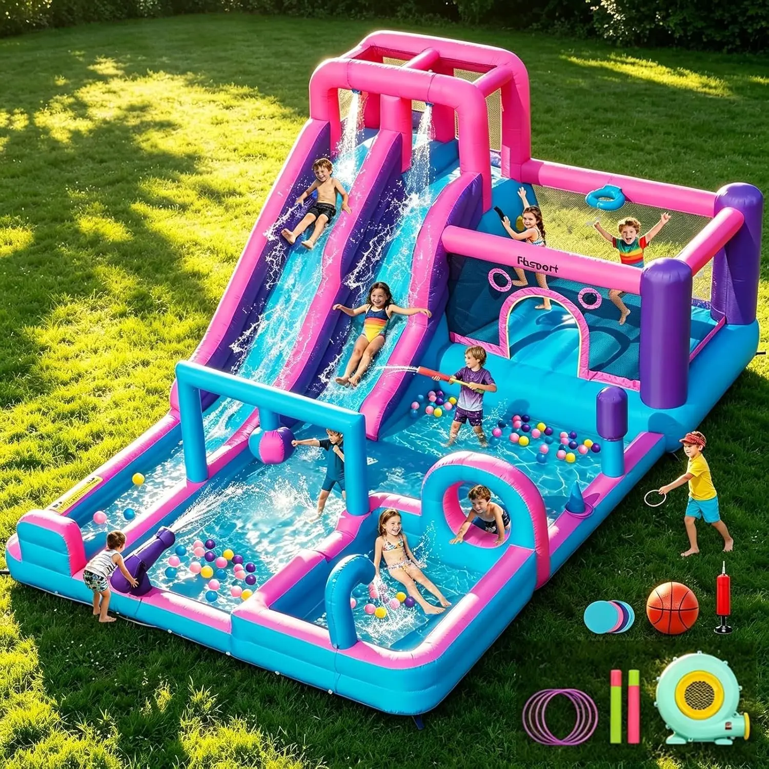 FBSPORT Inflatable Bounce House Bouncy House with Double Water Slide, Inflatable Bouncy Castle Water Bounce House with 750W Blower, Climbing Wall, Jumping, Splash Pool for Kids Indoor Outdoor