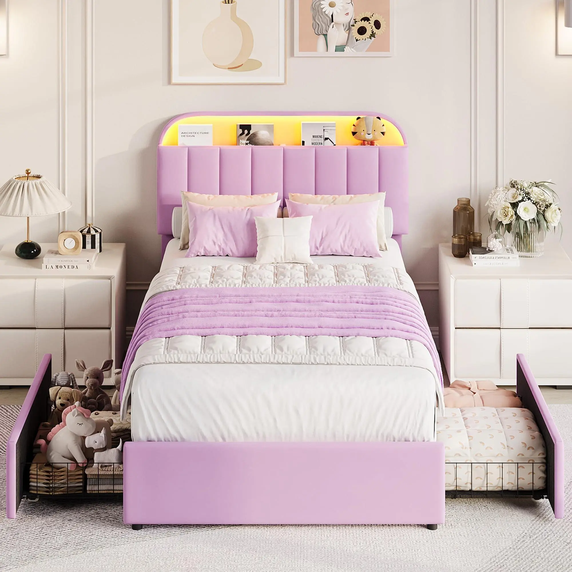 Twin XL Size Bed Frame, Velet Upholstered Platform Bed Frame with Adjustable Storage Headboard andd 2 Drawers, Twin XL Bed with LED Lights, No Box Spring Needed, Easy Assembly, Purple