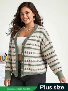 【plus size】 floral & striped print button front scallop trim cardigan, cardigan for women, cute fashion casual drop shoulder v neck long sleeve knitwear for fall & winter, womenswear tops for daily wear
