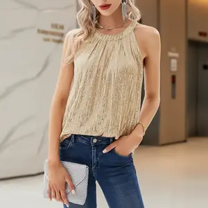 Womens Sleeveless Sequin Halter Tops Sparkly Shiny Tank Tops Ruched Flowy Sparkly Club Outfits Party Shirt