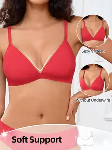 Women's Sexy Plain Deep V Bralette, Seamless, Adjustable Straps, Medium Support, Unlined, All Seasons, Daily Wear, Fitted Design