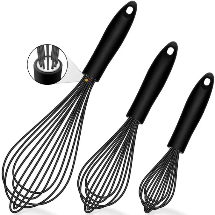 Silicone Whisk, Stainless Steel Wire Whisk Set Of 3 -Heat Resistant Kitchen Whisks For Non-Stick Cookware, Balloon Egg Beater Perfect For Blending, Whisking, Beating, Frothing & Stirring, Black