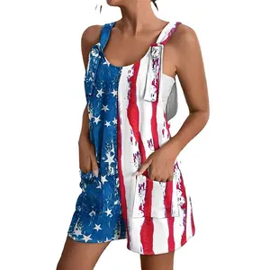 Women's 4th of July Flag Print Sleeveless Romper with Pockets, Casual Loose Fit Summer Jumpsuit, Patriotic Independence Day Outfit, USA Stars Stripes Overalls
