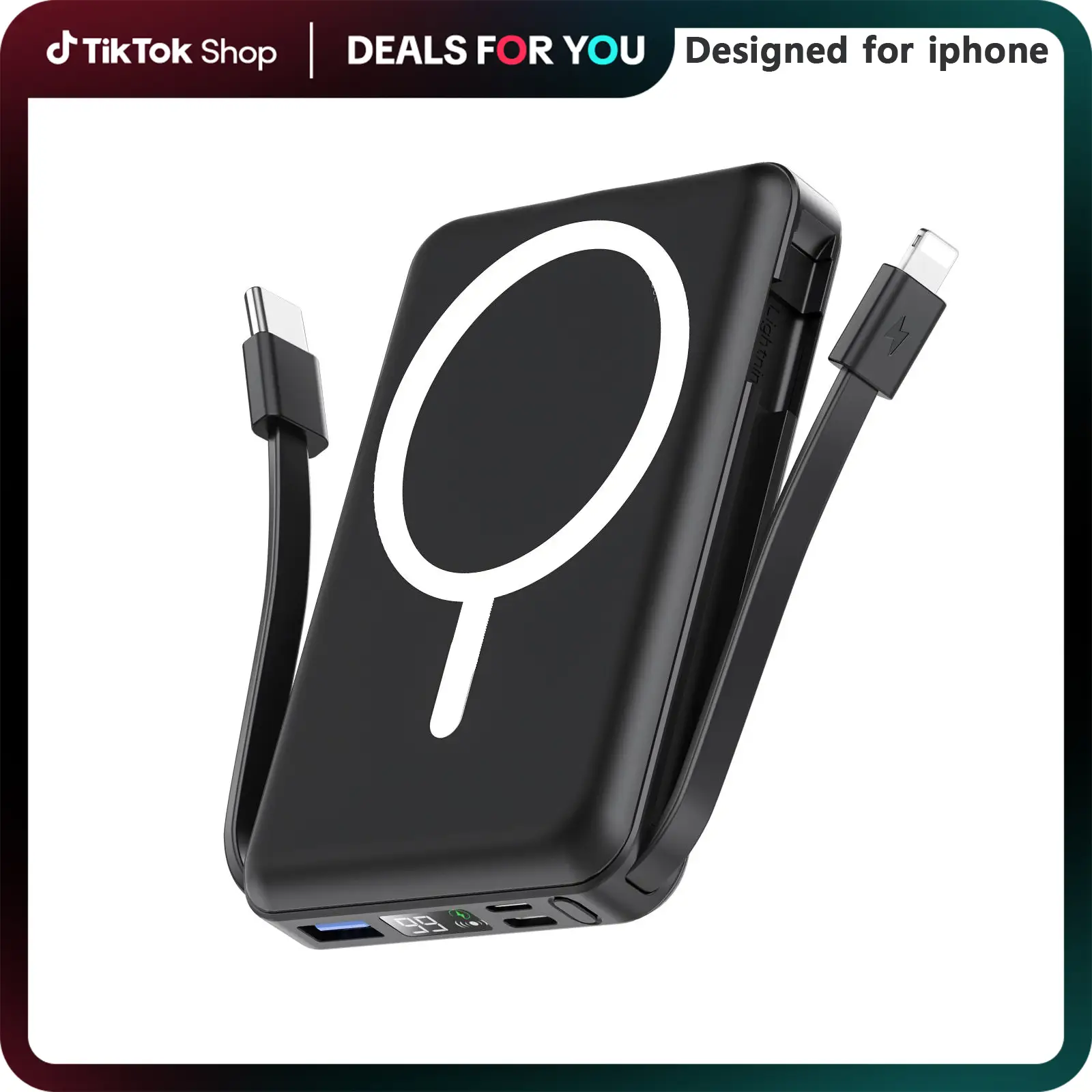 Podoru for MagSafe Travel Power Bank, 10000mAh Wireless Charger Portable Battery Pack Built-in USB-C &Lighting Cable for iPhone 16/15/14/13/12 Series