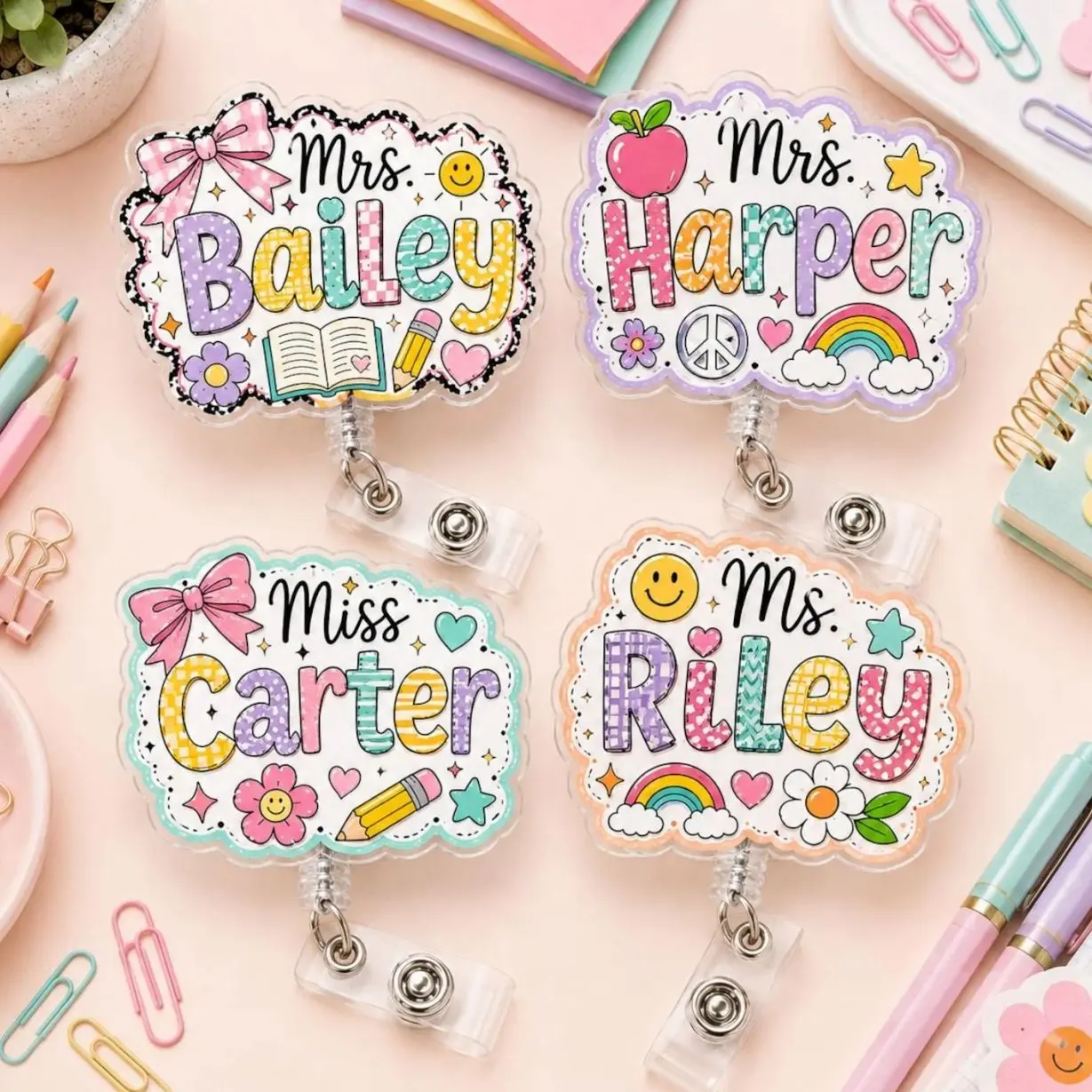 Personalized Doodle Teacher Badge Reel, Custom Name Acrylic Alligator Clip Badge Holder, Teacher Gift