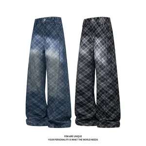 Retro Plaid Baggy Jeans Casual Street Wide-Leg Old Trousers Vintage Loose Fit Distressed Streetwear pants