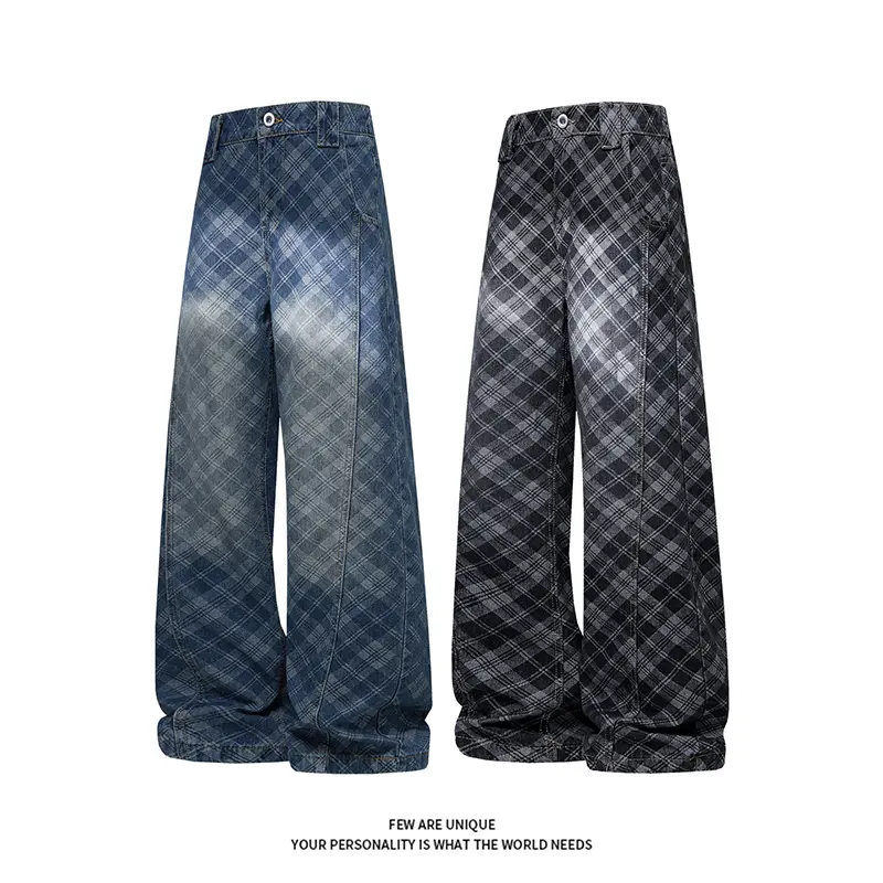 Retro Plaid Baggy Jeans Casual Street Wide-Leg Old Trousers Vintage Loose Fit Distressed Streetwear pants