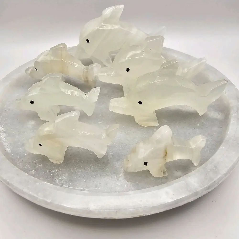 7-Piece Nature-Infused Decorative Artistic Modern Natural Stone Mini Dolphin Statue Set with Round Base, Free-Standing Home Decor Ornament, Collector Gift Ideas, Collectibles