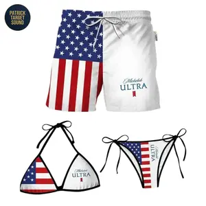 American Flag Ultra Beer Bikini Set Matching Swim Trunks, Stars and Stripes Beach Outfit Couple Set, Full Print String Bikini Halter Top Side Tie Bottom, Quick Dry Lightweight Swim Shorts, Summer Pool Party Outfit Gift for Men Women Outdoor Activities